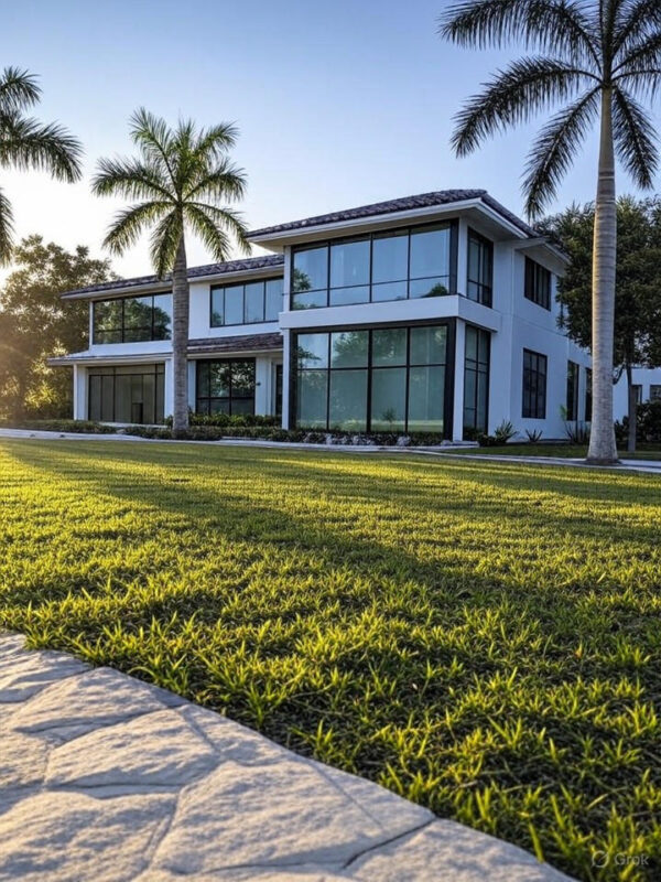Ultra-realistic 8K image of a modern single family home in Fort Myers, FL, with a lush green lawn and palm trees under a clear blue sky.