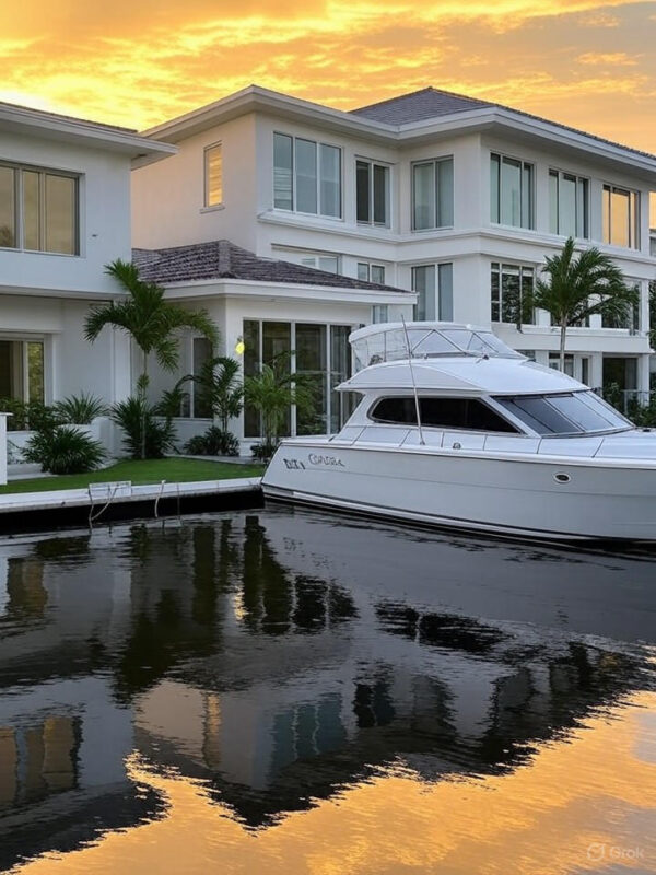 Ultra-realistic 8K image of a stunning waterfront home in Cape Coral, FL, with a boat docked at a private canal under a golden sunset