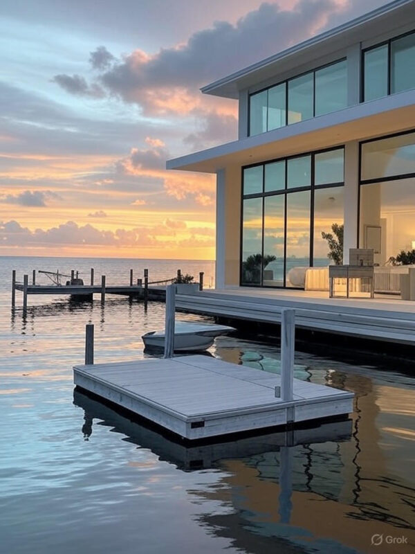 Ultra-realistic 8K image of a luxurious waterfront home in Cape Coral, Southwest Florida, with a private dock and boat under a golden sunset