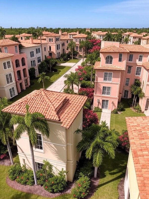 Aerial view of Villa Medici gated community in Fort Myers, showcasing Mediterranean-style townhomes and lush landscaping under a clear blue sky, professional drone photography.