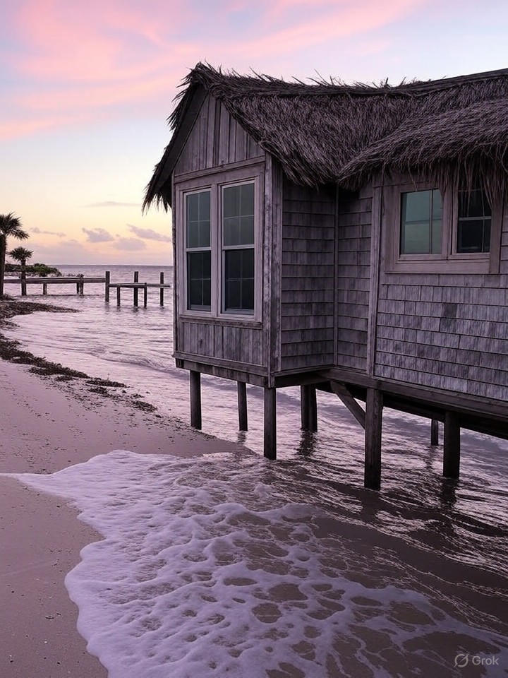 Ultra-realistic 8K image of a cozy coastal cottage in Iona, Southwest Florida, with beach access and pastel sunset hues