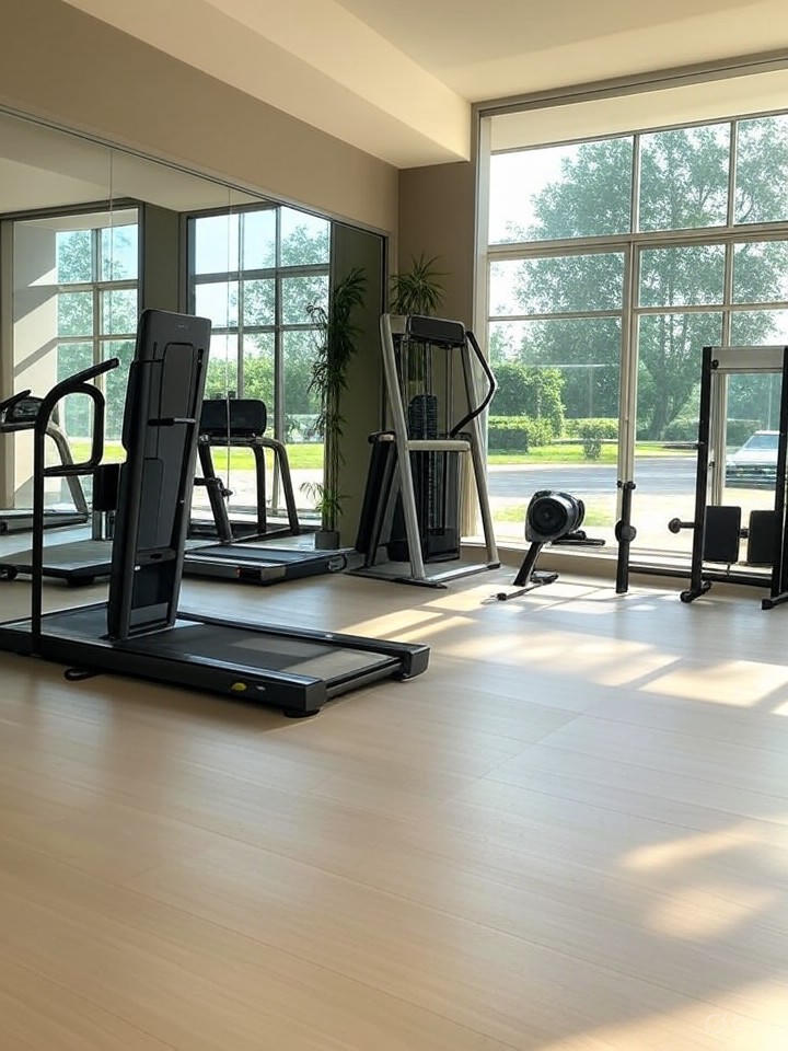 Fitness center at Villa Medici with modern equipment, bright lighting, and mirrors, showcasing a clean and inviting space, professional photography.