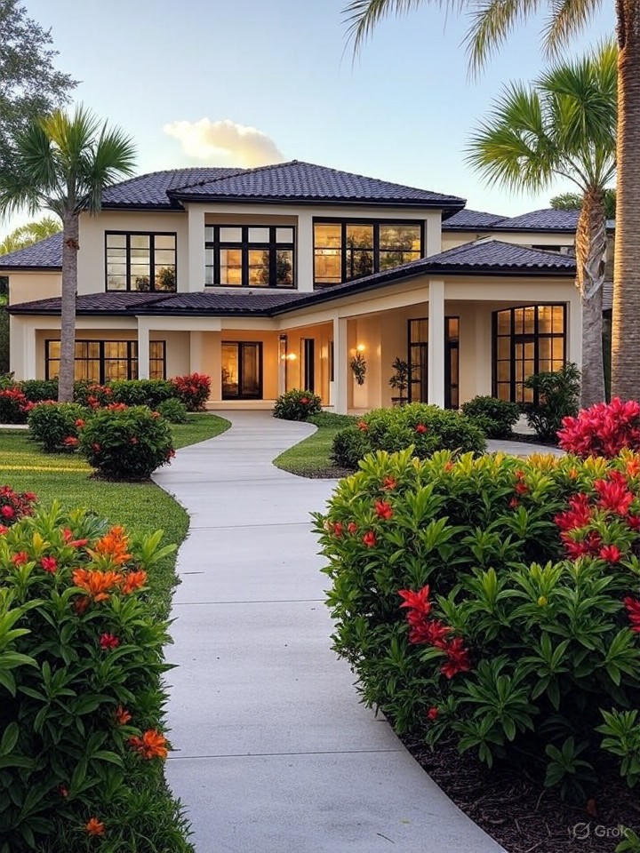 Ultra-realistic 8K image of a spacious family home in Lehigh Acres, Southwest Florida, with a large lot and tropical landscaping