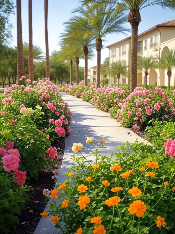 Landscaped walkway in Villa Medici with blooming flowers, palm trees, and townhomes in the background, emphasizing community beauty, daylight shot.