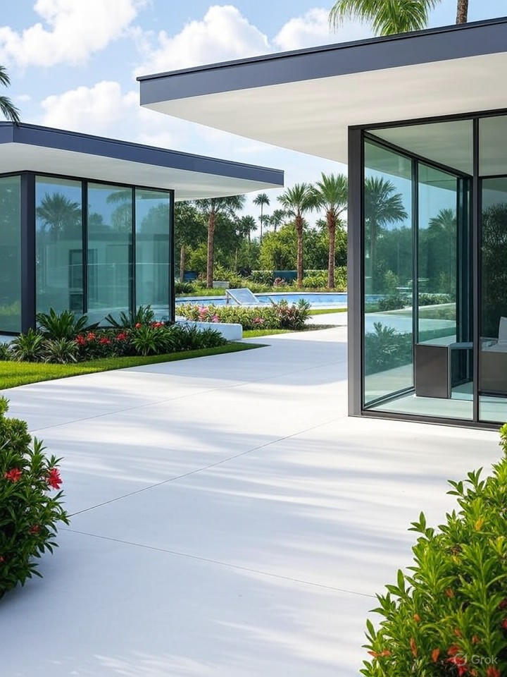 Ultra-realistic 8K image of a modern gated community home in Gateway, Southwest Florida, with sleek architecture and community pool