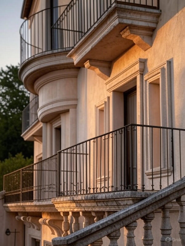 Close-up of Mediterranean architectural details on a Villa Medici townhome, such as wrought iron balconies and textured walls, studio lighting.