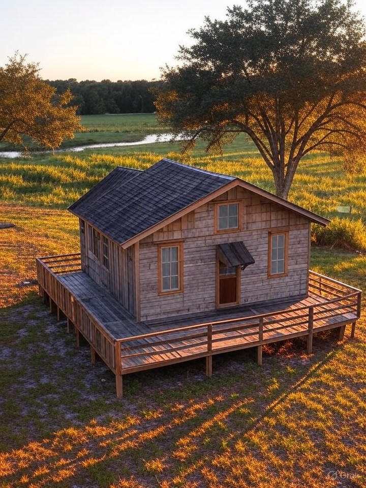 Ultra-realistic 8K image of a small-town home in Alva, Southwest Florida, surrounded by farmland and a peaceful river nearby