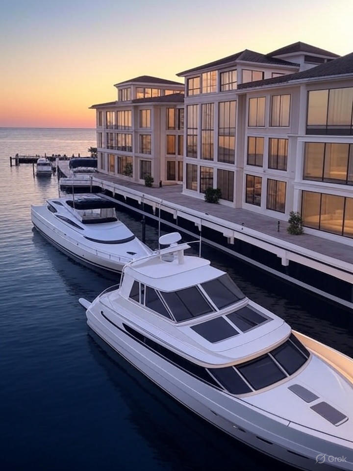 Ultra-realistic 8K image of an upscale waterfront estate in Lochmoor Waterway Estates, Southwest Florida, with a private yacht docked