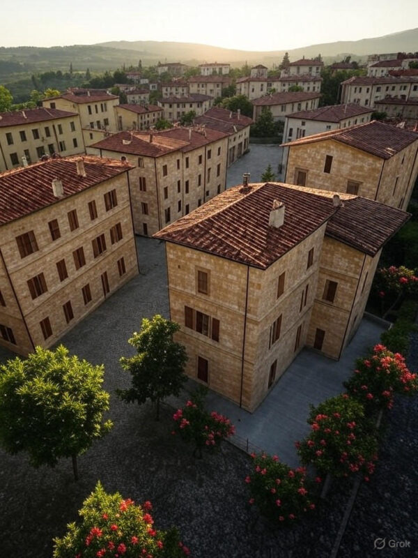 Exterior shot of multiple Villa Medici townhomes lined up, showcasing uniformity and charm of the Italian village design, wide-angle lens.