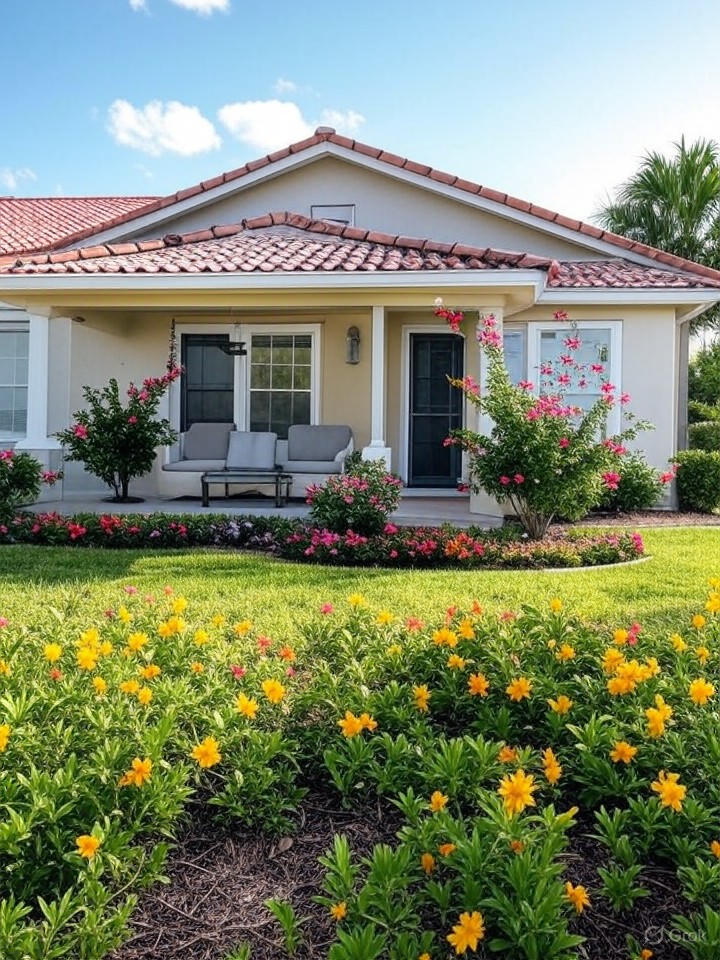 Ultra-realistic 8K image of an affordable starter home in Villas, Southwest Florida, with a welcoming front porch and sunny yard