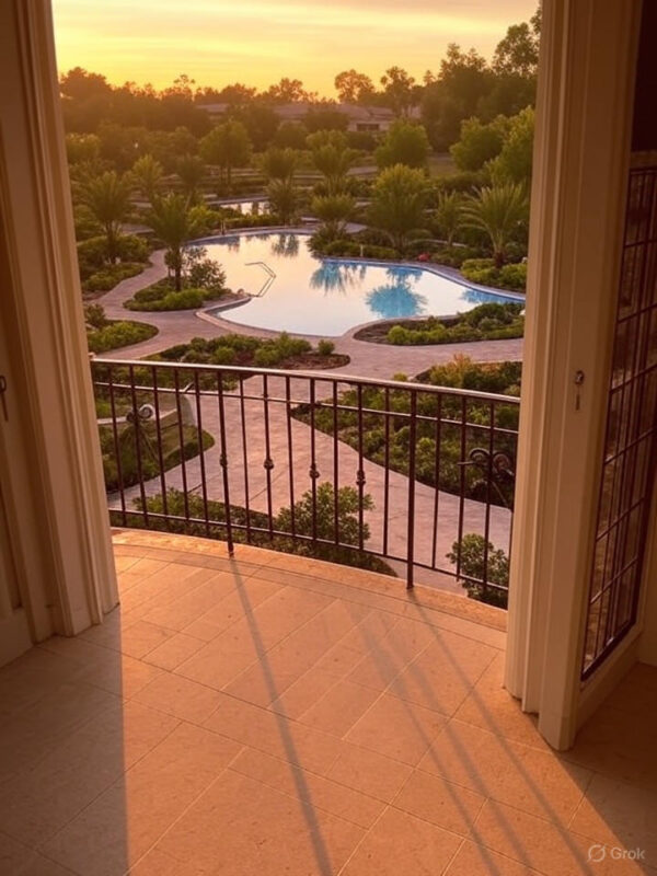 View from a Villa Medici townhome balcony overlooking the community pool and landscaped areas, highlighting the resort-like feel, sunset lighting.