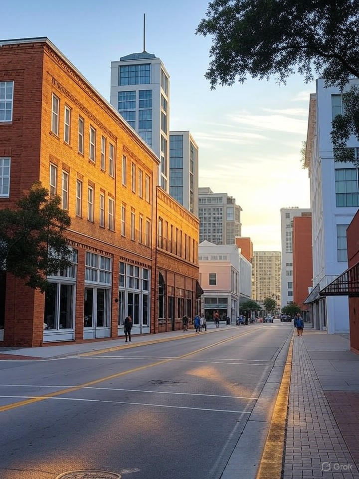 Ultra-realistic 8K image of a vibrant downtown Fort Myers street, showcasing historic buildings and modern real estate under a clear sky