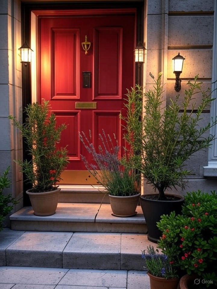 Entrance to a Villa Medici townhome with a welcoming front door, potted plants, and warm lighting, staged for a cozy feel, white background.