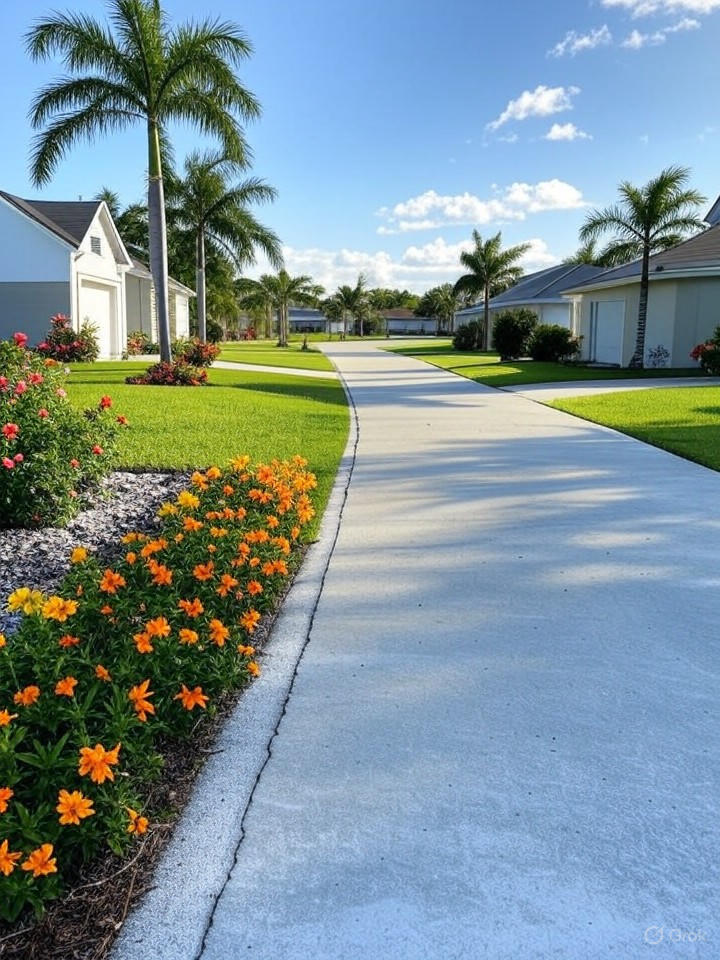 Ultra-realistic 8K image of a quiet residential neighborhood in North Fort Myers, Southwest Florida, with tidy homes and green lawns
