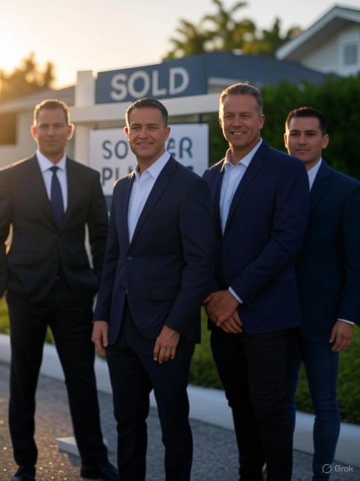 Ultra-realistic 8K image of Dennis McLaughlin and his real estate team standing in front of a sold property sign in Estero, smiling confidently