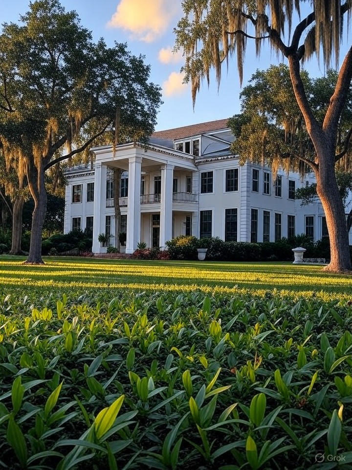 Ultra-realistic 8K image of a historic estate in McGregor, Southwest Florida, surrounded by ancient oak trees and a manicured lawn