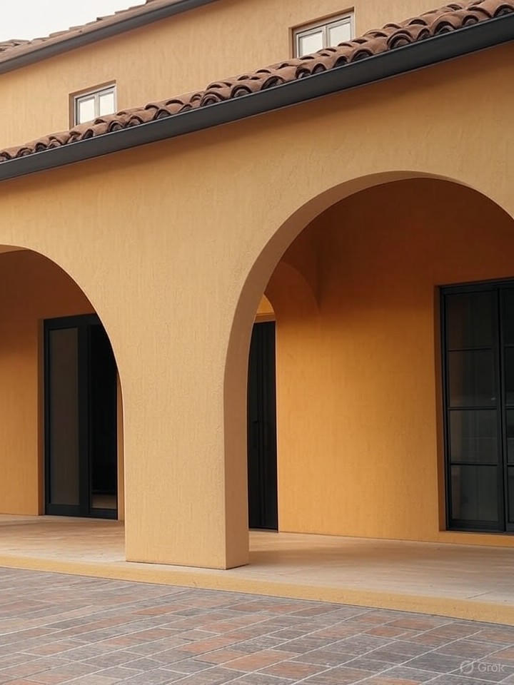 Front exterior of a Villa Medici townhome with tiled roof, warm stucco walls, and charming archways, captured in soft morning light, white background for isolation.