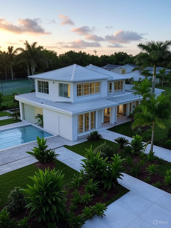 Ultra-realistic 8K image of a modern family home in Estero, Southwest Florida, with a spacious backyard and community amenities in the background