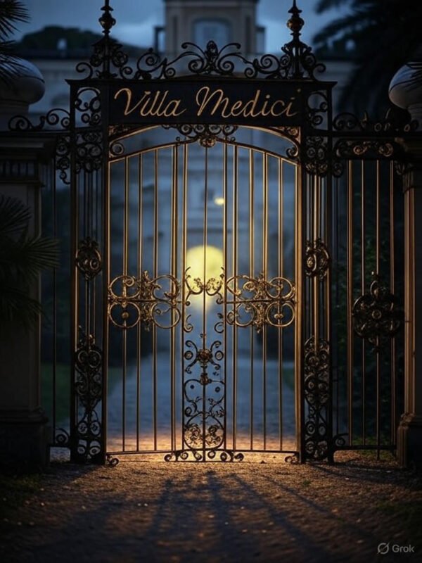 Close-up of the gated entrance to Villa Medici with elegant signage and palm trees, emphasizing security and exclusivity, studio-style lighting.