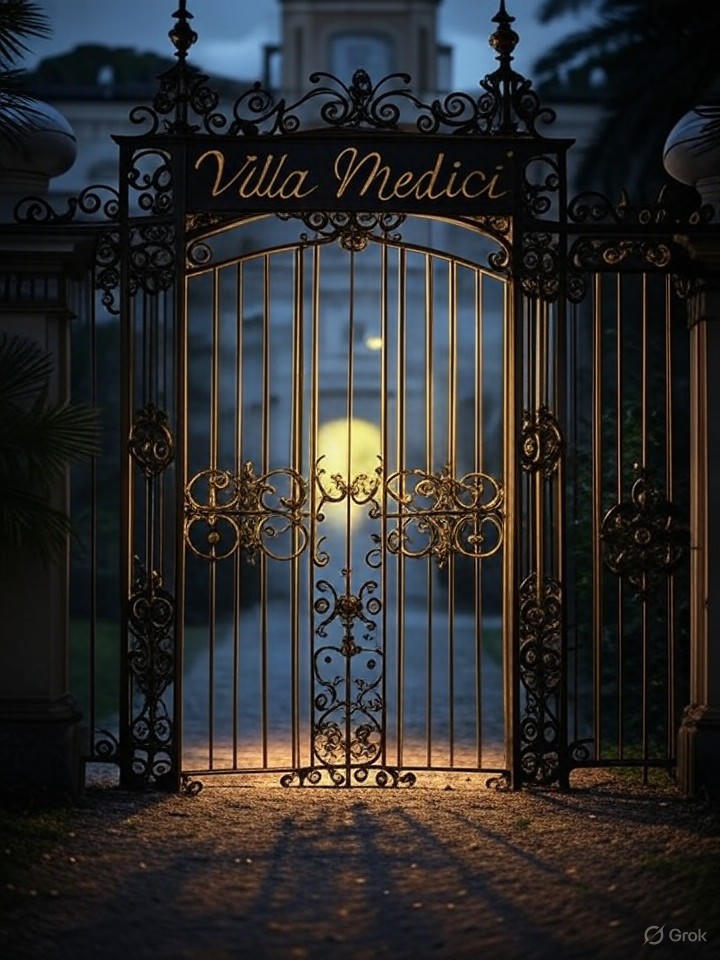 Close-up of the gated entrance to Villa Medici with elegant signage and palm trees, emphasizing security and exclusivity, studio-style lighting.