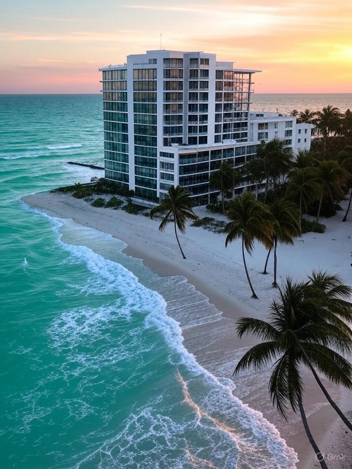 Ultra-realistic 8K image of a beachfront condo in Fort Myers Beach, with turquoise waves crashing on the shore and palm trees swaying