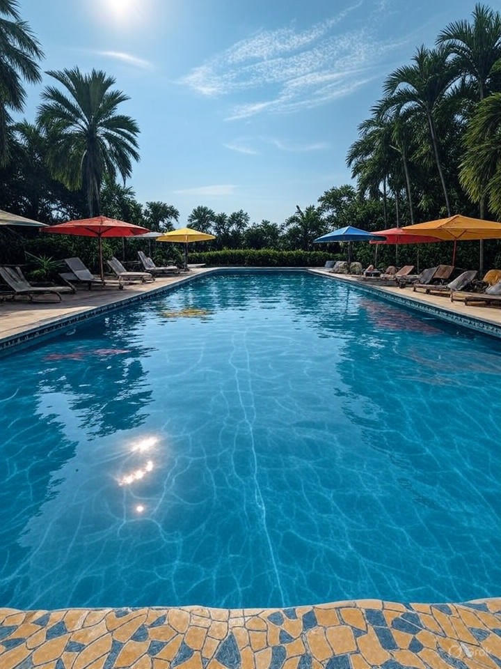 Wide shot of the Villa Medici community pool with lounge chairs and umbrellas, surrounded by tropical plants, bright daylight, professional setting.