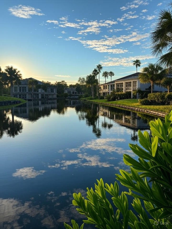 Ultra-realistic 8K image of a serene lakefront property in Cypress Lake, Southwest Florida, reflecting the morning sun on calm waters