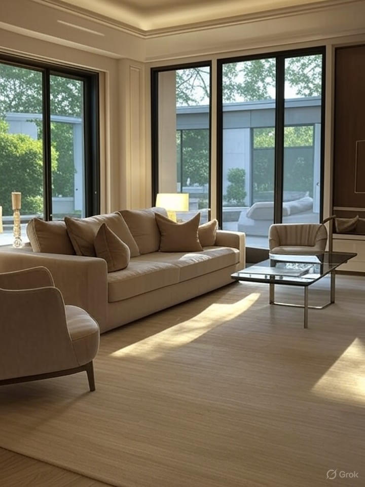 Interior of a Villa Medici townhome living room with modern finishes, neutral tones, and natural light streaming through large windows, staged for luxury.