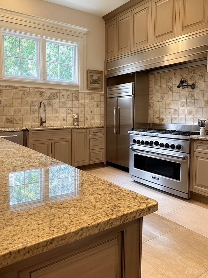 Kitchen in a Villa Medici townhome featuring stainless steel appliances, granite countertops, and Mediterranean-inspired tile backsplash, clean white background.