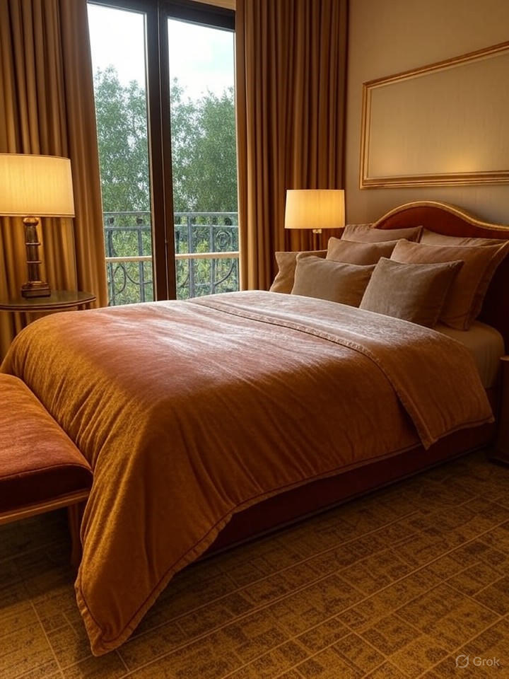Master bedroom in a Villa Medici townhome with plush bedding, warm decor, and a view of a private balcony, professional interior photography.