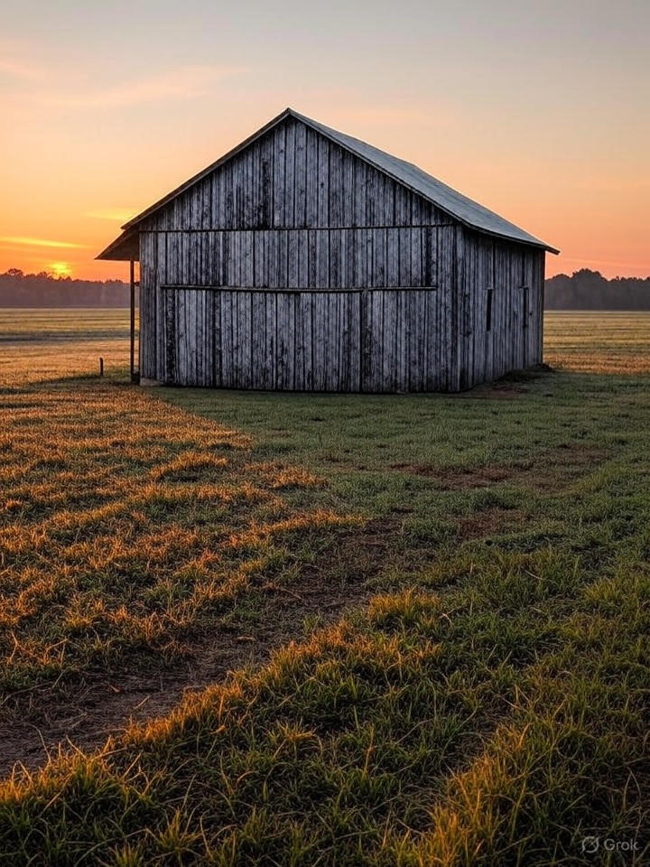 Ultra-realistic 8K image of a rural homestead in Buckingham, Southwest Florida, with wide-open fields and a rustic barn at sunrise