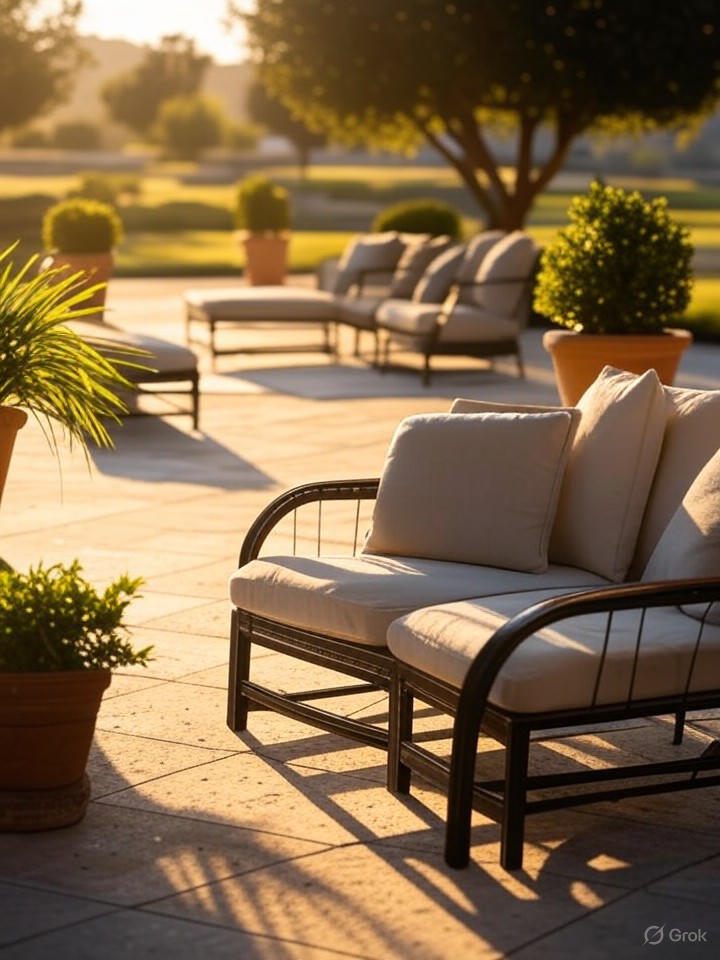 Private patio area of a Villa Medici townhome with outdoor seating, potted plants, and a view of landscaped grounds, captured in golden hour light.