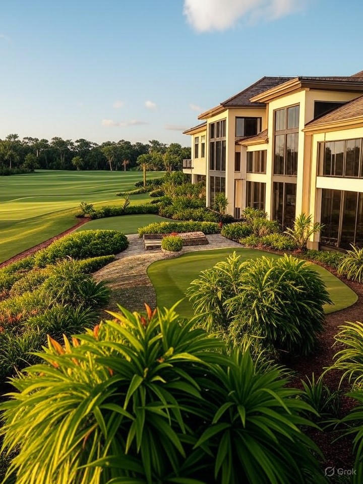 Ultra-realistic 8K image of a luxury golf course community home in Bonita Springs, Southwest Florida, with lush greens in the background