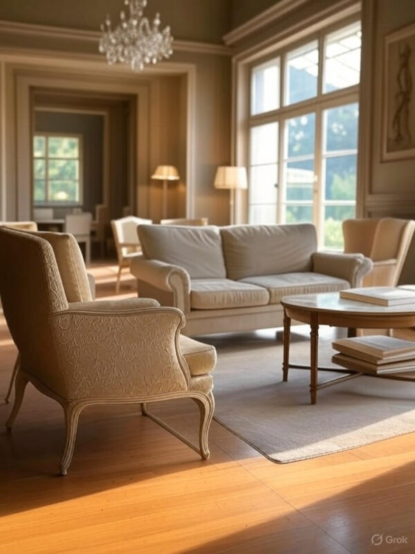 Villa Medici clubhouse interior with elegant furnishings, high ceilings, and a welcoming atmosphere, staged for community events, white background.