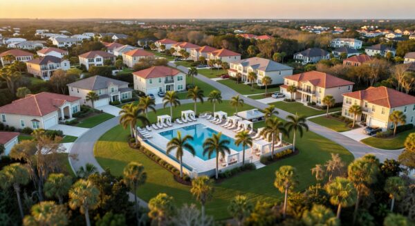 Ultra-realistic 8K aerial view of a modern new construction community in Estero Florida with resort-style pool, palm trees, and preserve areas at golden hour