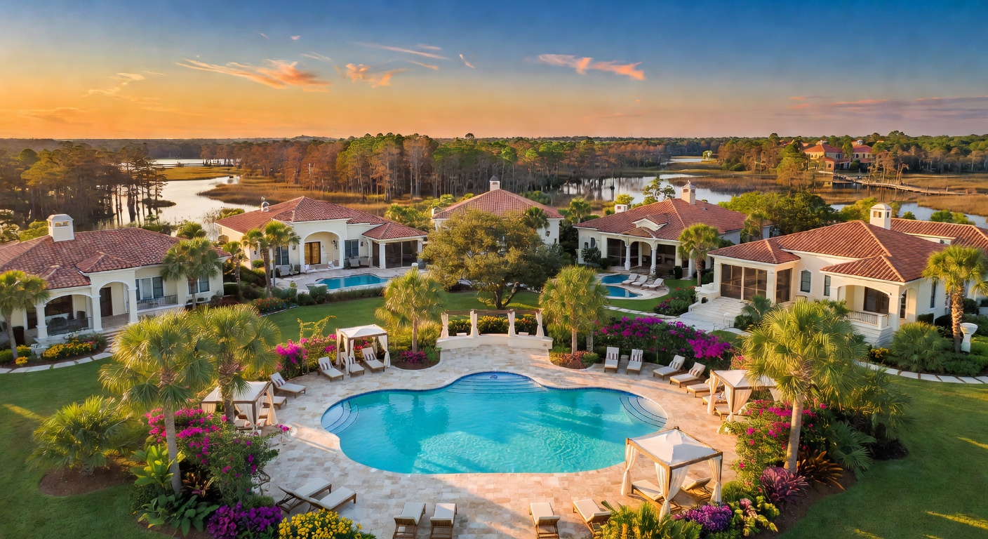 Ultra-realistic 8K aerial photograph of The Preserve at Corkscrew neighborhood in Estero Florida at golden hour, showing resort-style pool, lush landscaping, luxury homes with tile roofs, and nature preserves in background, cinematic lighting, highly detailed