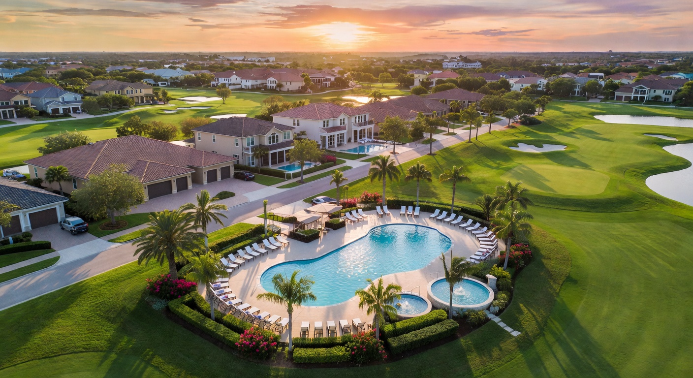 Ultra-realistic 8K aerial photograph of The Brooks master-planned community in Estero Florida at golden hour showing multiple resort pools golf courses and luxury homes with lush landscaping