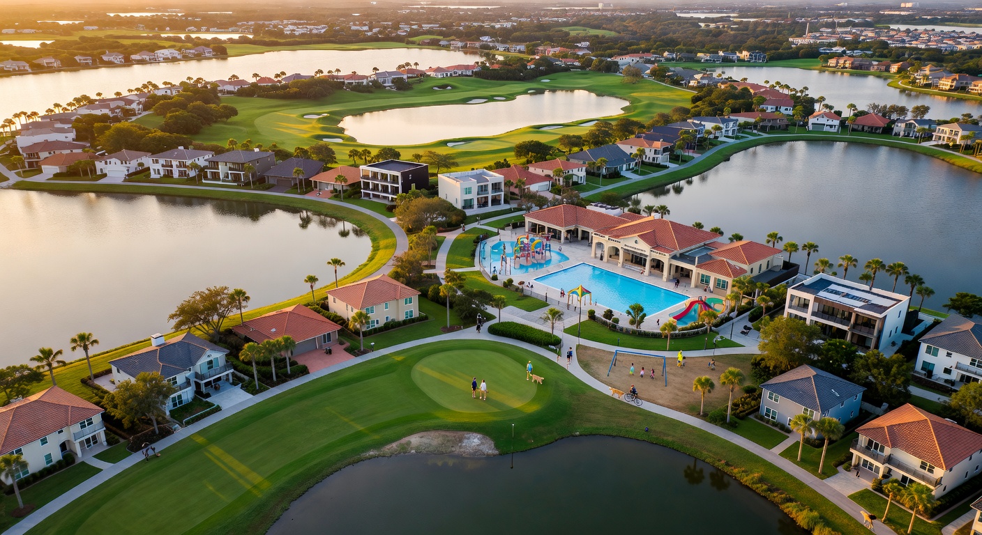 Ultra-realistic 8K aerial view of Estero Florida master-planned community with lakes, golf courses, and modern homes in 2026, golden hour lighting, highly detailed