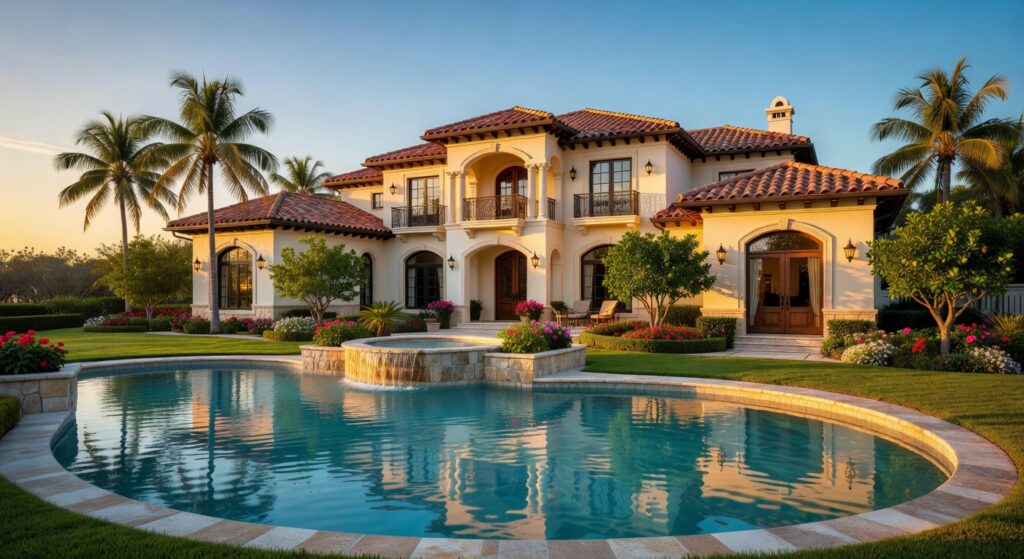 Ultra-realistic 8K photograph of a luxurious Mediterranean-style home in Estero Florida with perfectly manicured landscaping and blue skies during golden hour, professional real estate photography style