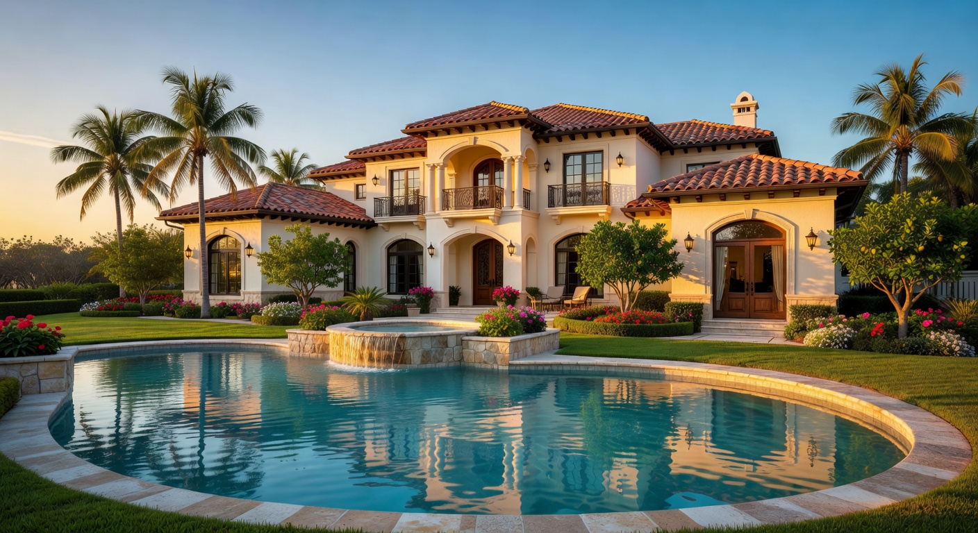 Ultra-realistic 8K photograph of a luxurious Mediterranean-style home in Estero Florida with perfectly manicured landscaping and blue skies during golden hour, professional real estate photography style
