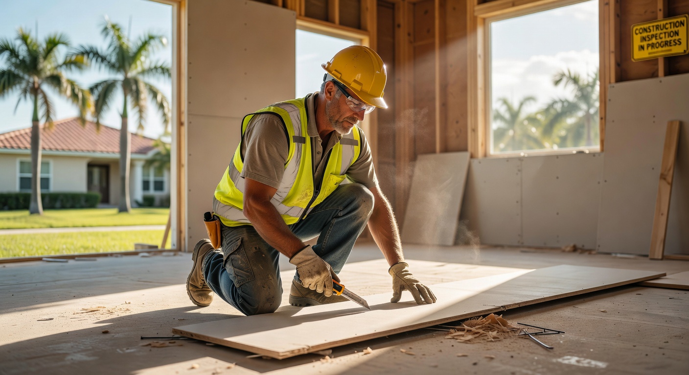 Construction worker performing quality inspection during drywall phase of new home construction in Estero Florida, realistic 8K image