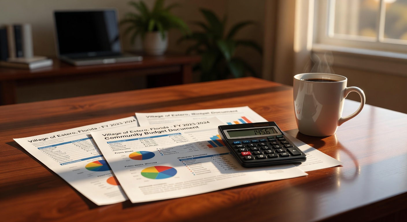 Detailed shot of official Estero Florida community budget documents and financial statements on a wooden table with a calculator and coffee cup