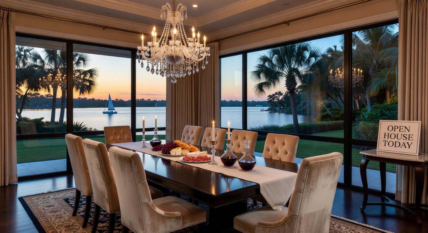Ultra-detailed 8K photograph of an elegant dining room setup for an open house showing sophisticated staging in an Estero luxury home
