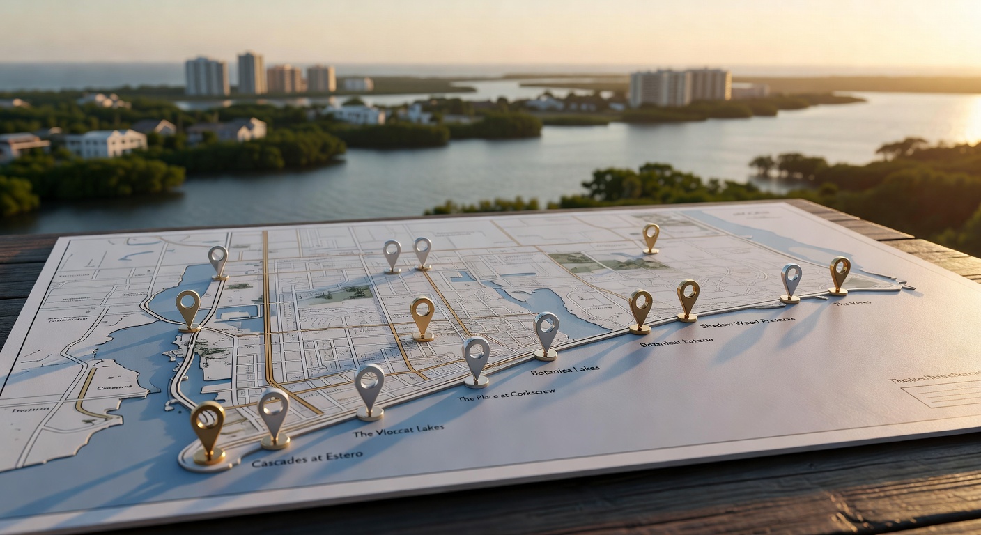 Map of Estero Florida highlighting new construction communities with location markers, professional infographic style in realistic photographic format