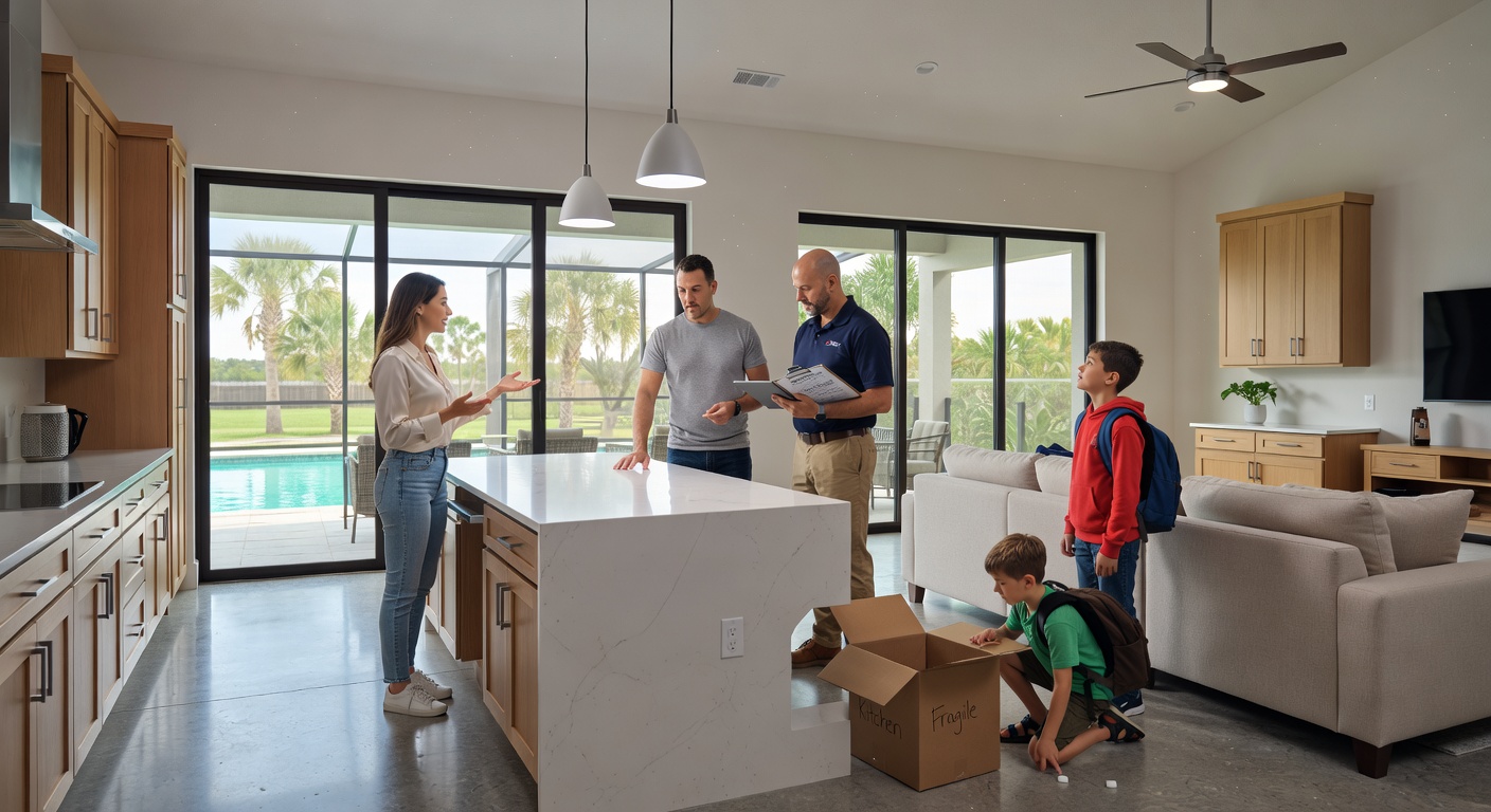 Family walking through a newly completed home during final walkthrough with builder in Estero, candid professional photography, 8K