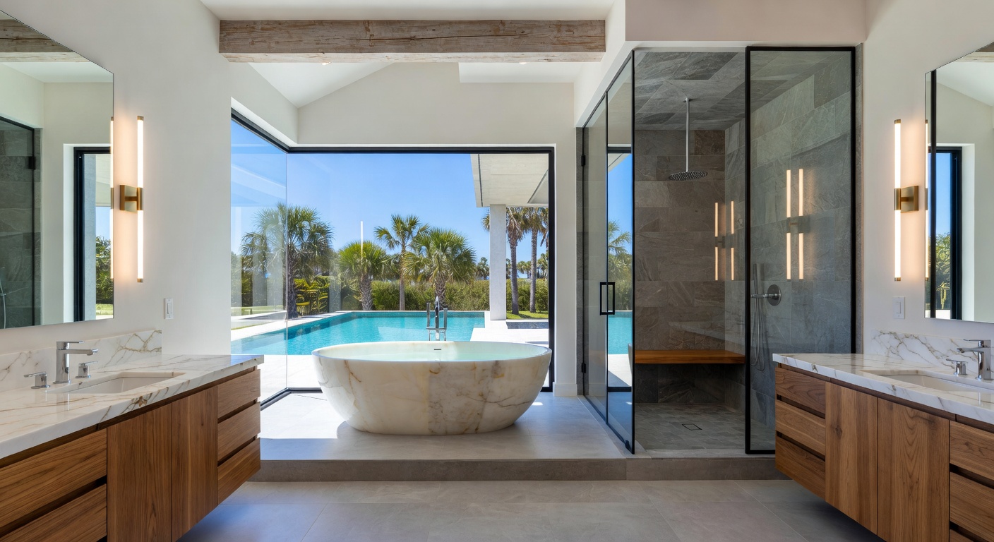Luxury primary bathroom in an Estero new construction home featuring freestanding tub, dual vanities and large shower, ultra-realistic 8K