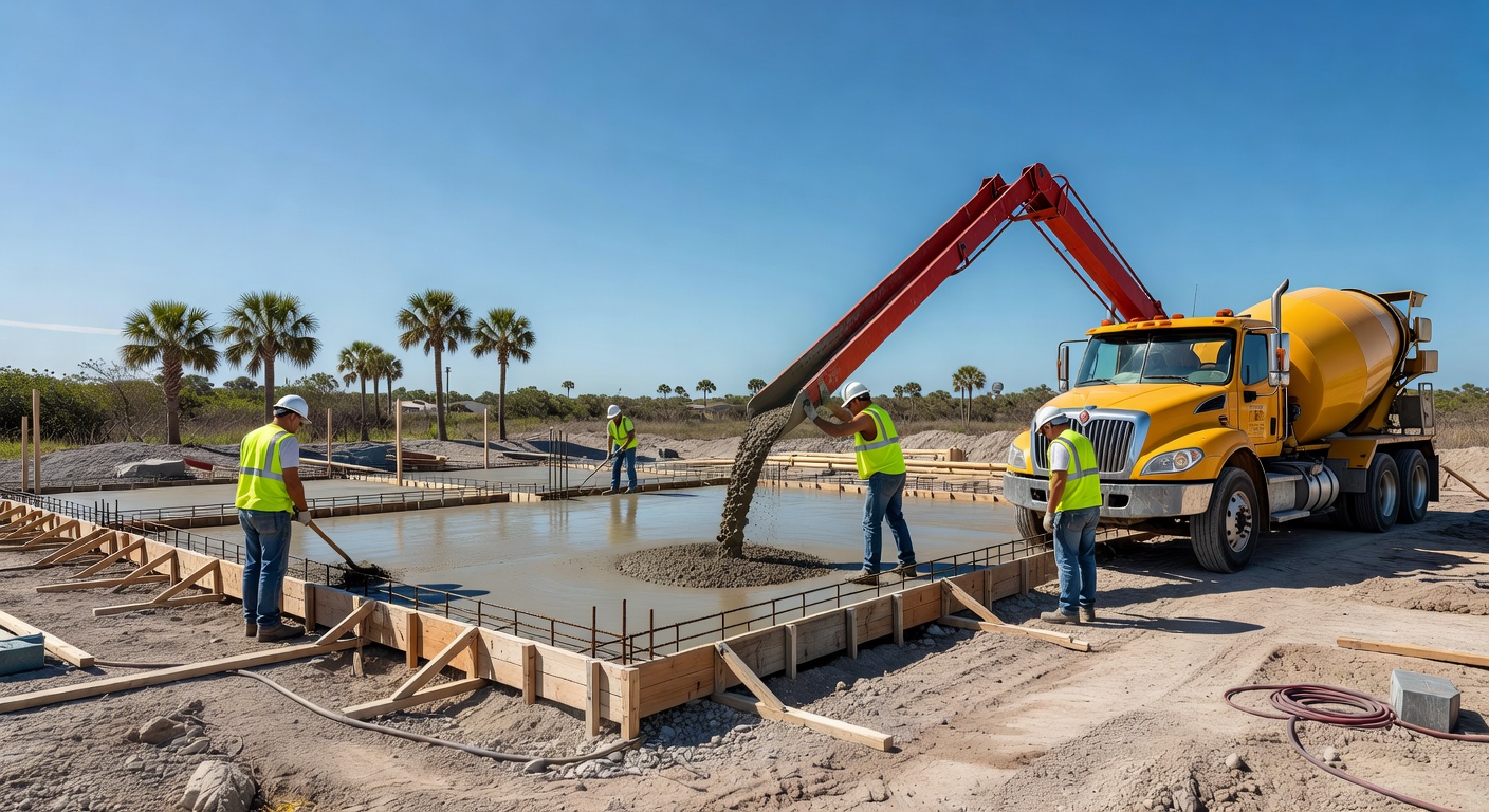 New construction home foundation being poured in Estero Florida with construction crew and equipment, detailed 8K photography