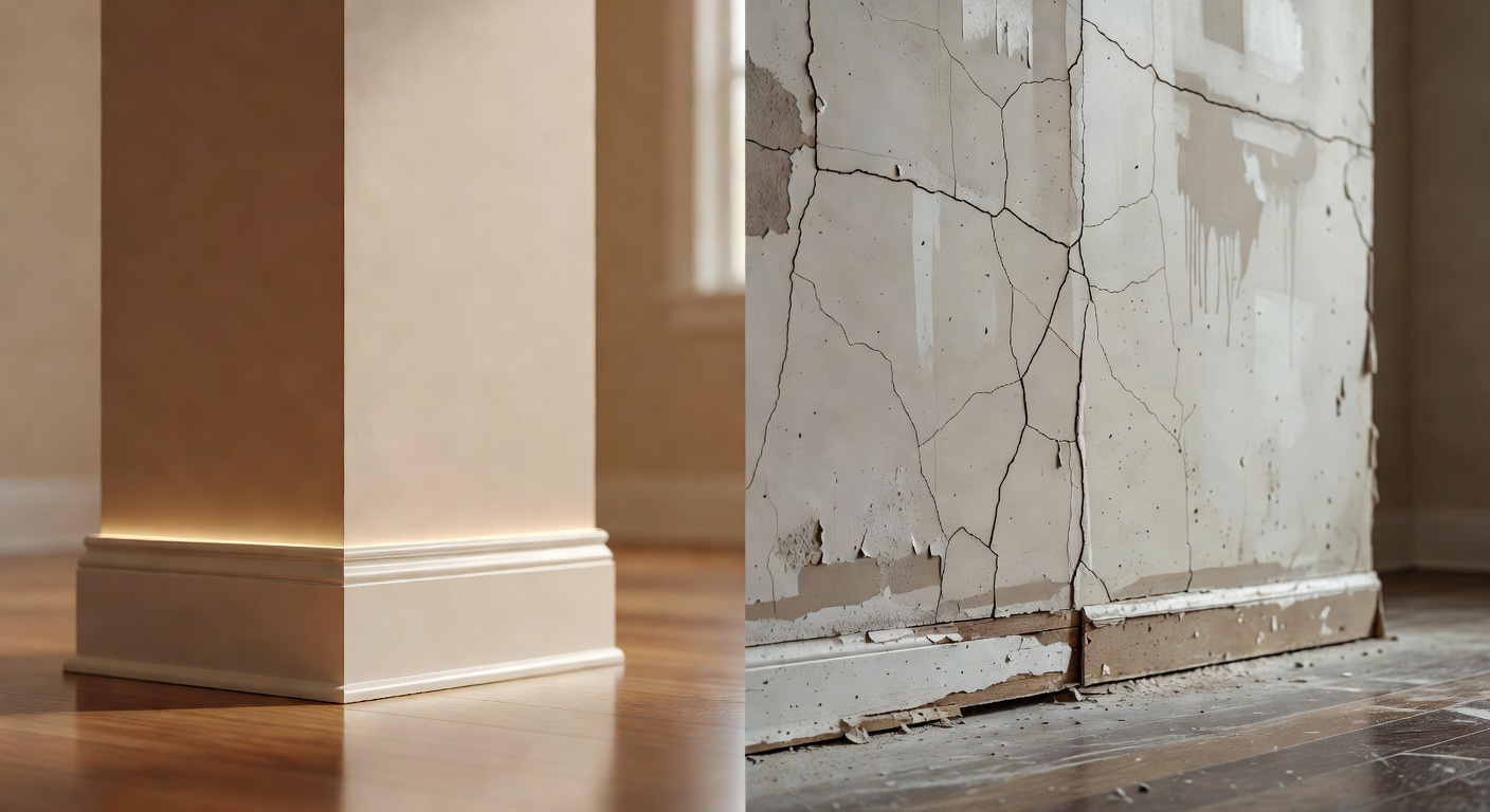 Comparison split image showing high-quality vs poor-quality construction details side by side, educational real estate photography, 8K