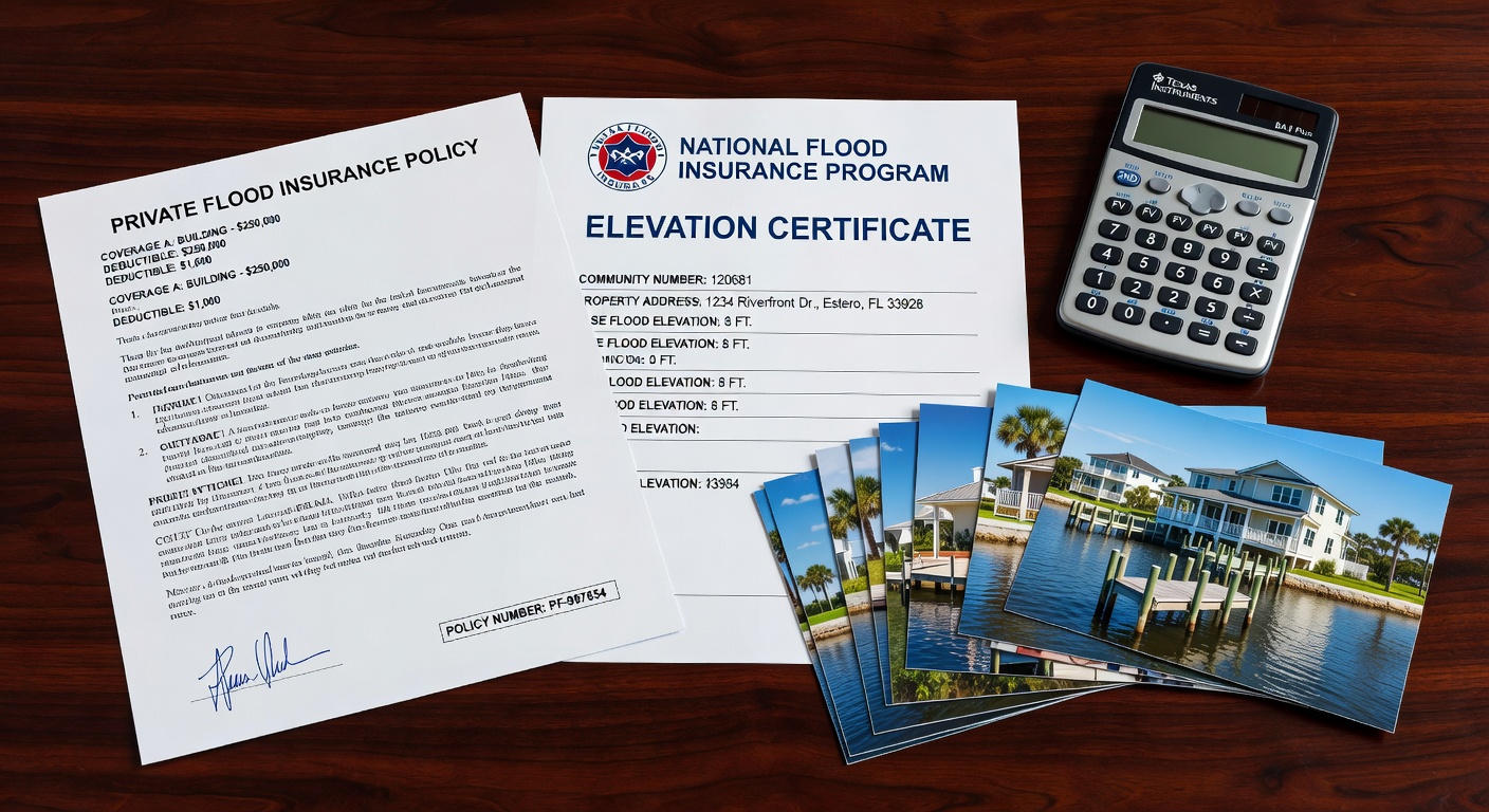Ultra-realistic 8K photograph of private flood insurance documents and NFIP paperwork side by side on a desk with a calculator and Estero property photos