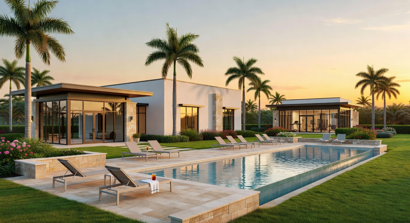 Resort-style community clubhouse and fitness center at a master-planned new construction community in Estero Florida, golden hour lighting